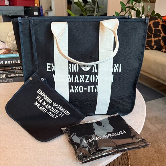 Armani Black Via Manzoni Black Fabric Tote Bag with removable pouch - Picture 9 of 13